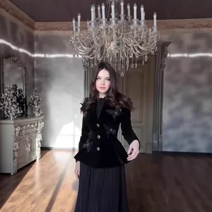 Elegant black velvet blazer with 3D butterfly details and pleated skirt set