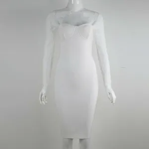 Detail view of elegant white lace long sleeves and mock neck on a sexy bandage party dress.
