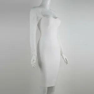 Elegant white lace long sleeve bandage dress detail showing high-quality fabric