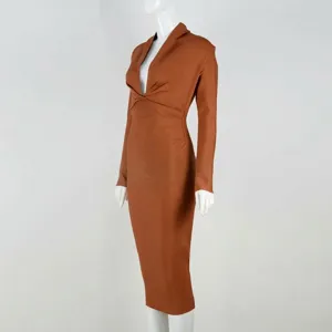 Side view of brown V-neck long sleeve bandage dress on white mannequin