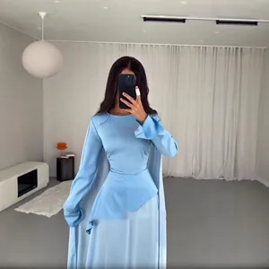 Light blue long sleeve dress with irregular ruffle hem for elegant summer style