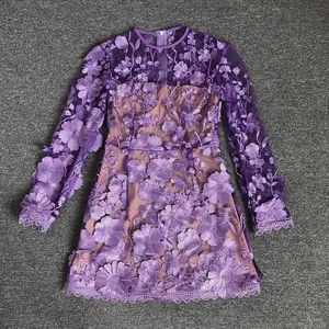 Detail of purple floral lace embroidery on elegant long-sleeved evening mini dress