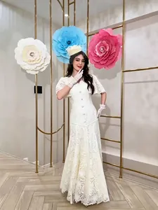 Elegant white lace maxi dress with fringe short sleeves and retro mesh hat for wedding events