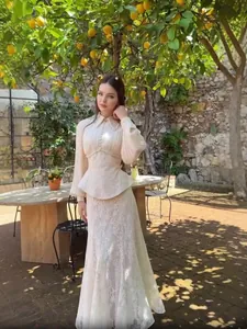 Women's Elegant Pleated Chiffon Peplum Top And Lace Maxi Skirt Top And Bottom With Artificial Pearl V-Neck Formal Skirt Set