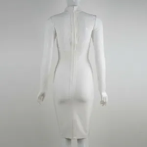 Detailed back view of an elegant white lace bandage dress with long sleeves and zipper closure