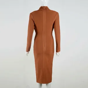 Back view of rust-colored long sleeve bandage dress with full-length zipper detail.