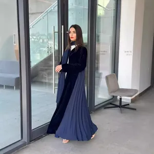 Elegant navy blue velvet spliced pleated long cardigan robe for women, 2024 fall