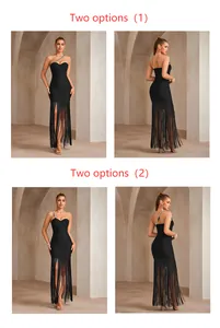 Elegant black bandage midi dress with rhinestone chain and fringe detail, two styles.