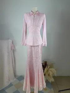 Elegant pink chiffon long sleeve top and lace mermaid skirt set with pearl collar