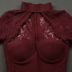 Close-up of burgundy halter neck lace bandage dress featuring sweetheart neckline and zipper.