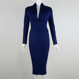 Elegant navy blue long-sleeved bandage dress featuring a daring deep V-neck design.