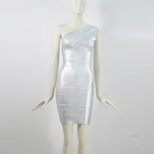 Silver metallic one-shoulder bandage mini dress for women with bodycon fit details