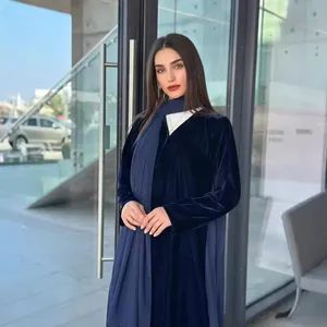 Elegant dark blue velvet abaya robe with matching scarf for autumn winter fashion