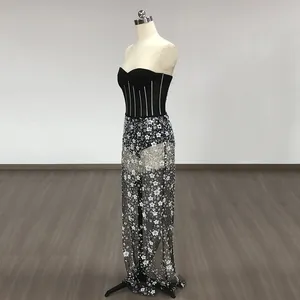 Sexy two-piece evening gown with sheer floral sequined mesh skirt and strapless bodysuit