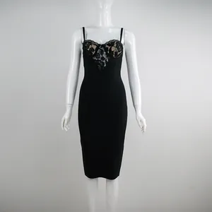 Detailed front view of black bodycon midi dress with elegant lace bust design