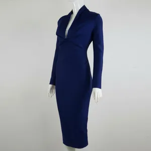 Elegant navy blue long sleeve bandage dress with a deep V-neck and ruched detail