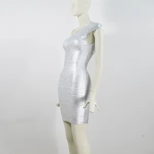 Side view of a metallic silver one-shoulder bandage bodycon dress on a mannequin.