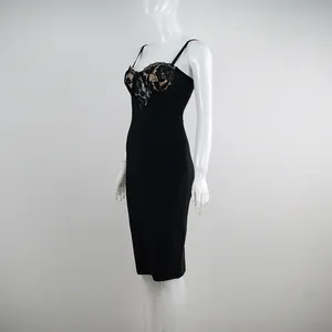 Side view of an elegant black midi bandage dress with lace trim and sling straps