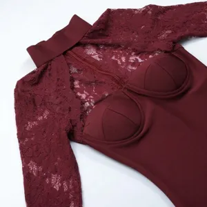 Detailed view of burgundy lace and bandage fabric on a long-sleeved mock neck party dress