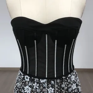 Detailed close-up of sequined mesh tube top banquet dress with intricate floral beading