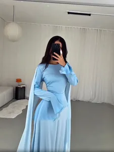 Elegant sky blue long sleeve dress with irregular cape sleeves and ruffles