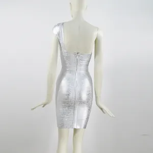 Back view detail of a silver metallic single shoulder bandage bodycon dress on a mannequin
