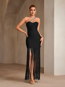 Elegant black one-shoulder bandage dress with rhinestone chain and long fringe detail.