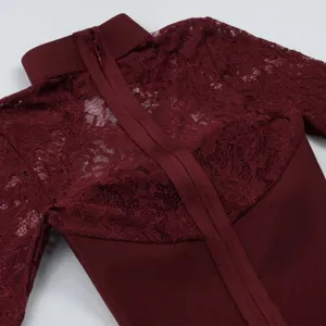 Detailed view of burgundy lace bandage dress with high neck and back zipper closure