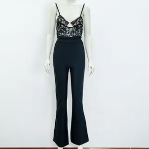 Detail view of Hepburn style black jumpsuit with lace bodice and flared trousers