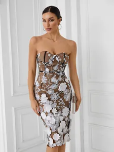 Women Strapless Mesh Embroidery Floral Dress Slim Fit Bodycon Cocktail Party Evening Prom Gown Vacation Beach Dress