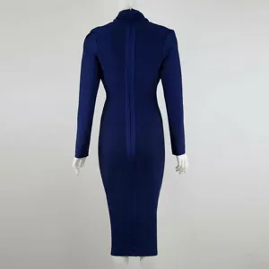 Back view of an elegant navy blue long-sleeved bandage dress for evening parties