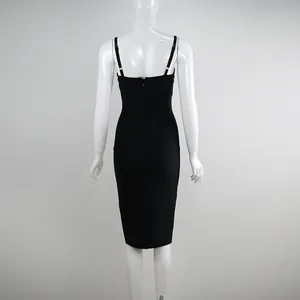 Back view of a sleek black spaghetti strap backless bandage midi dress on mannequin