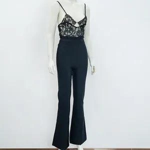 Elegant black lace bandage jumpsuit featuring a slim fit bodice and flared leg pants
