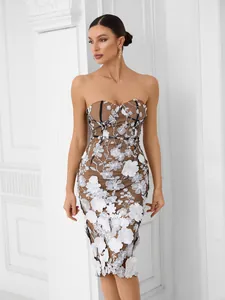 Elegant strapless midi dress featuring intricate white 3D floral lace on a nude base