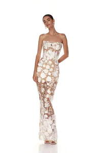 Elegant white strapless long dress featuring intricate 3D floral appliqués for banquet