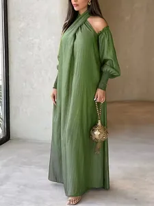 Elegant olive green pleated maxi dress with halter neck and long sleeves for women