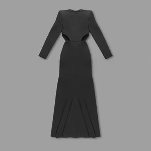 Elegant black long-sleeved maxi dress with waist cut-outs and fishtail hem detail.
