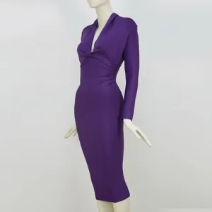 Elegant deep V-neck long-sleeved purple bandage bodycon dress for formal evening parties