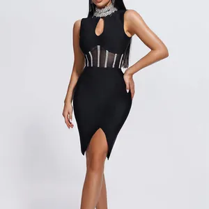 Detail view of sexy black bandage dress with rhinestone collar and mesh waist cutout
