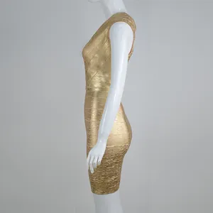 Side view of a metallic gold bandage dress on a mannequin showing texture