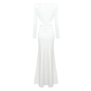 Back view detail of elegant white long-sleeved maxi dress featuring waist cut-outs