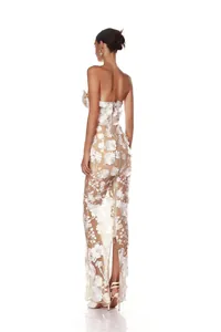 Elegant 3D floral strapless maxi dress showing detailed back view and exquisite lace