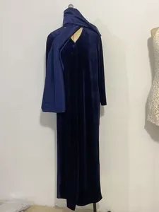 Elegant navy blue velvet patchwork pleated long cardigan robe dress for women's autumn.