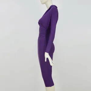 Detailed side view of elegant deep V-neck purple long sleeve bandage dress on mannequin