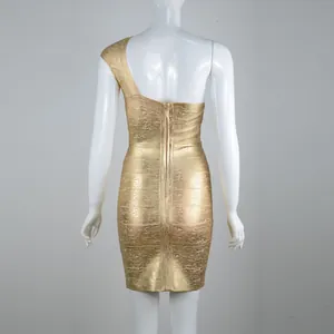 Back view of a metallic gold one-shoulder bodycon bandage dress with zipper detail