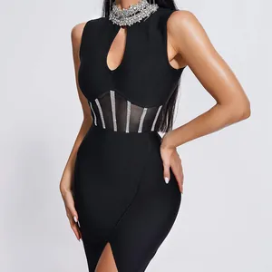 Detail shot of a sexy black bandage dress with mesh cutouts and rhinestone collar