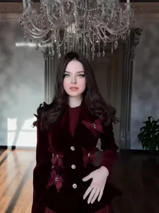Elegant burgundy velvet vintage suit for women with 3D butterfly accents and jewel buttons