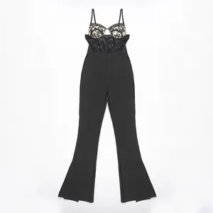 Detailed full view of black lace bandage jumpsuit with flared legs and split hem