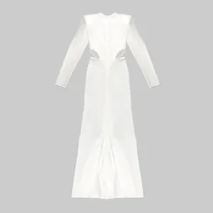 Elegant white long-sleeve maxi dress with waist hollow-out detail shown from the back view