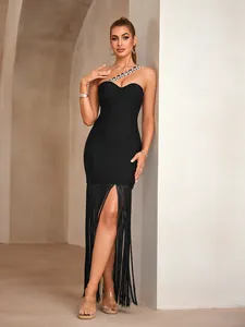 Elegant black bandage dress with rhinestone shoulder chain and fringe tassel slit detail.